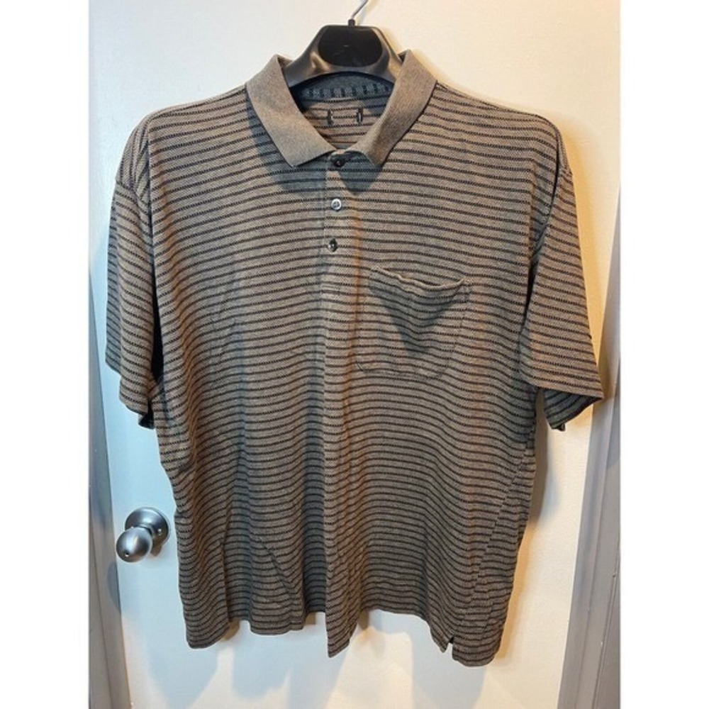 Mens Short Sleeve Polo Shirt Olive Brown Striped Textured Knit Chest Pocket XL